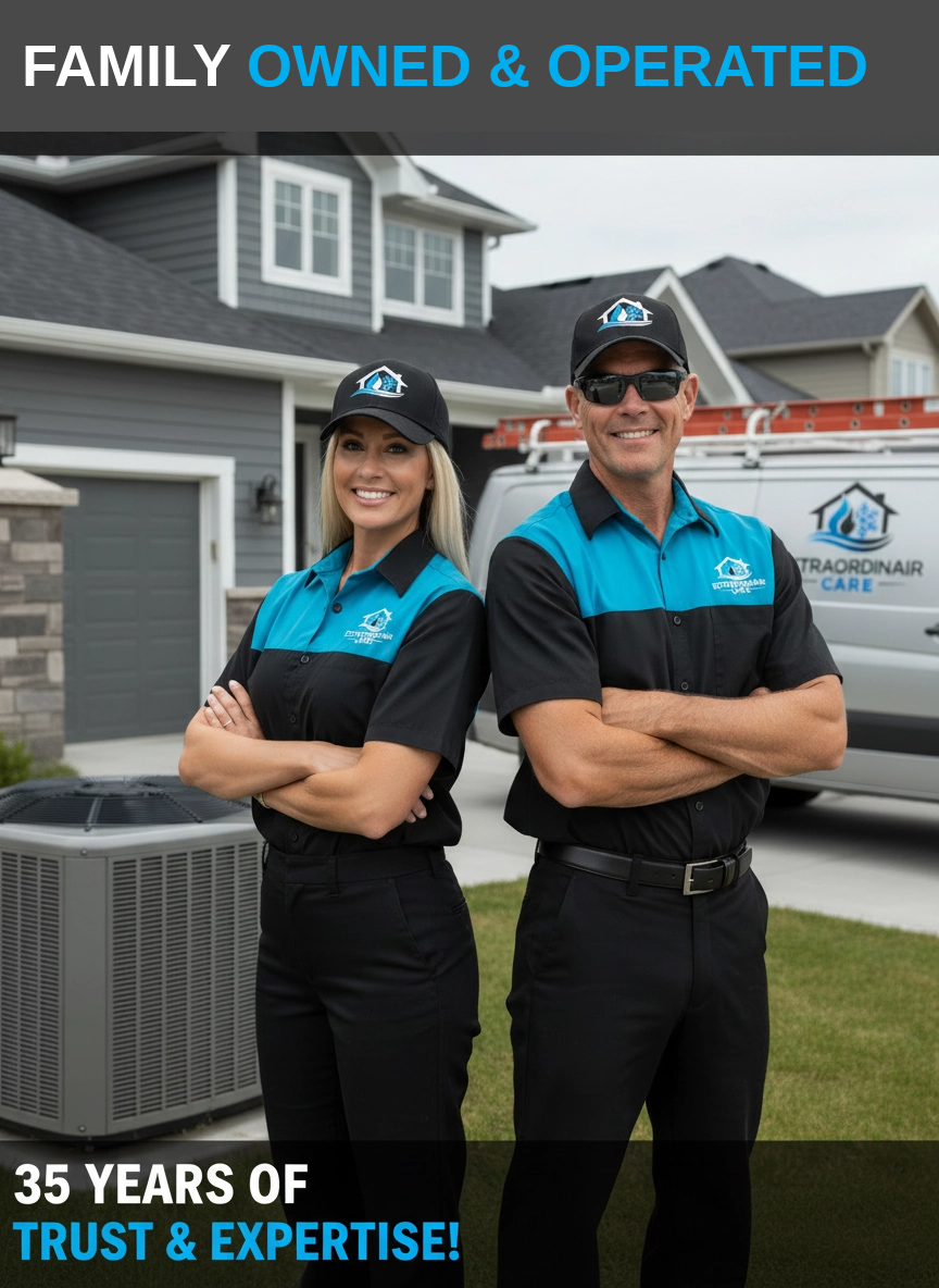 Extraordinair Care — family owned and operated, 35 years of trust and expertise, two uniformed technicians in front of service van