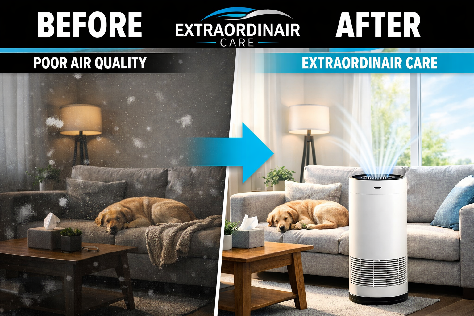 Before and after — Extraordinair Care indoor air quality improvement: dusty polluted room transformed to fresh clean air with air purifier