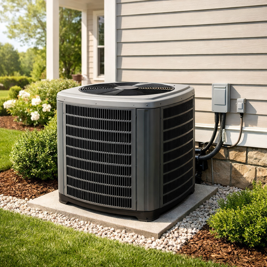 Extraordinair Care technician smiling while servicing an air conditioning unit