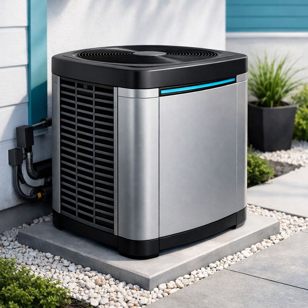 Extraordinair Care technician servicing a central air conditioning unit at a Peterborough home