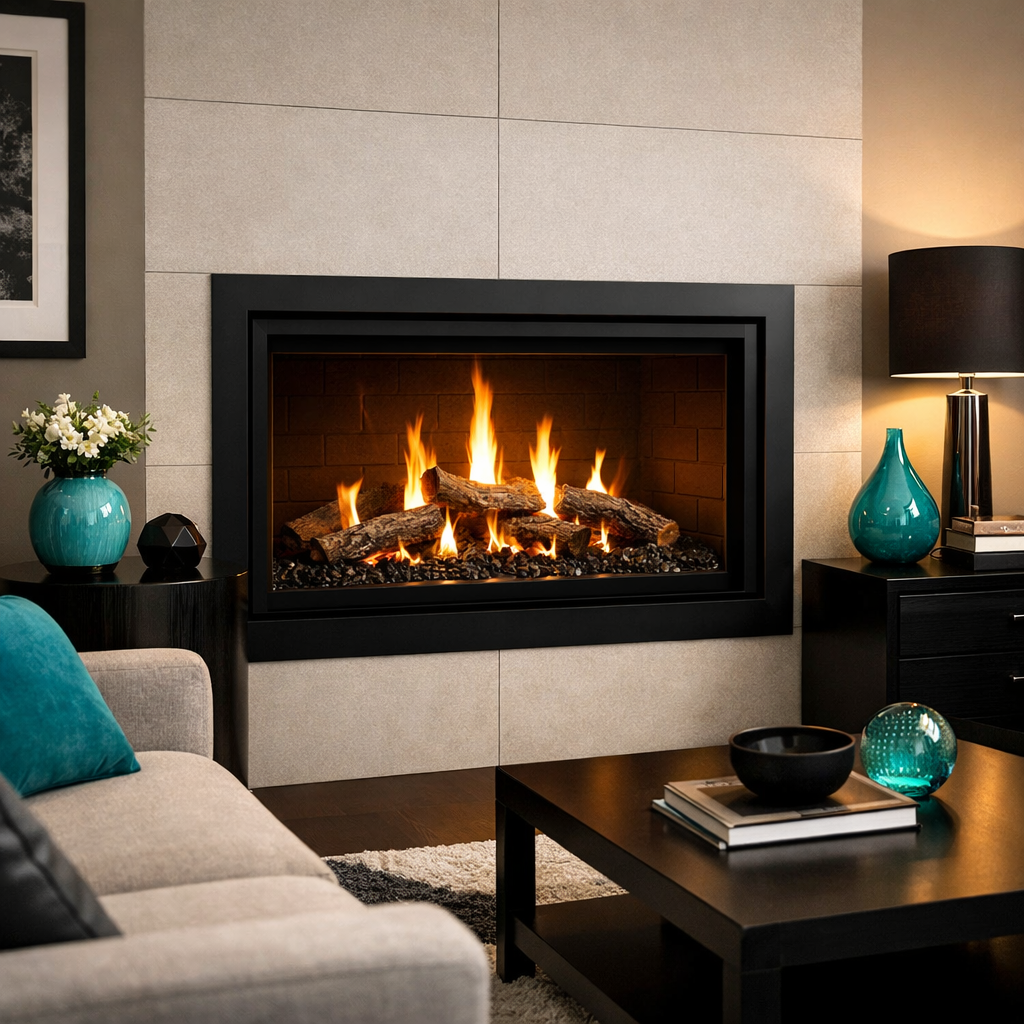 Elegant gas fireplace with warm amber flames set in a modern stone surround living room