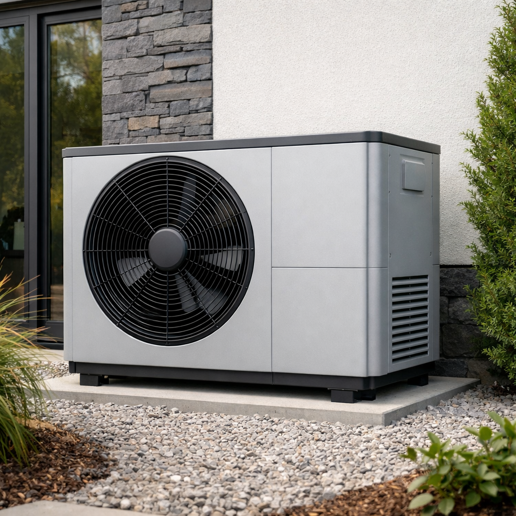 Modern high-efficiency heat pump unit installed outside a home