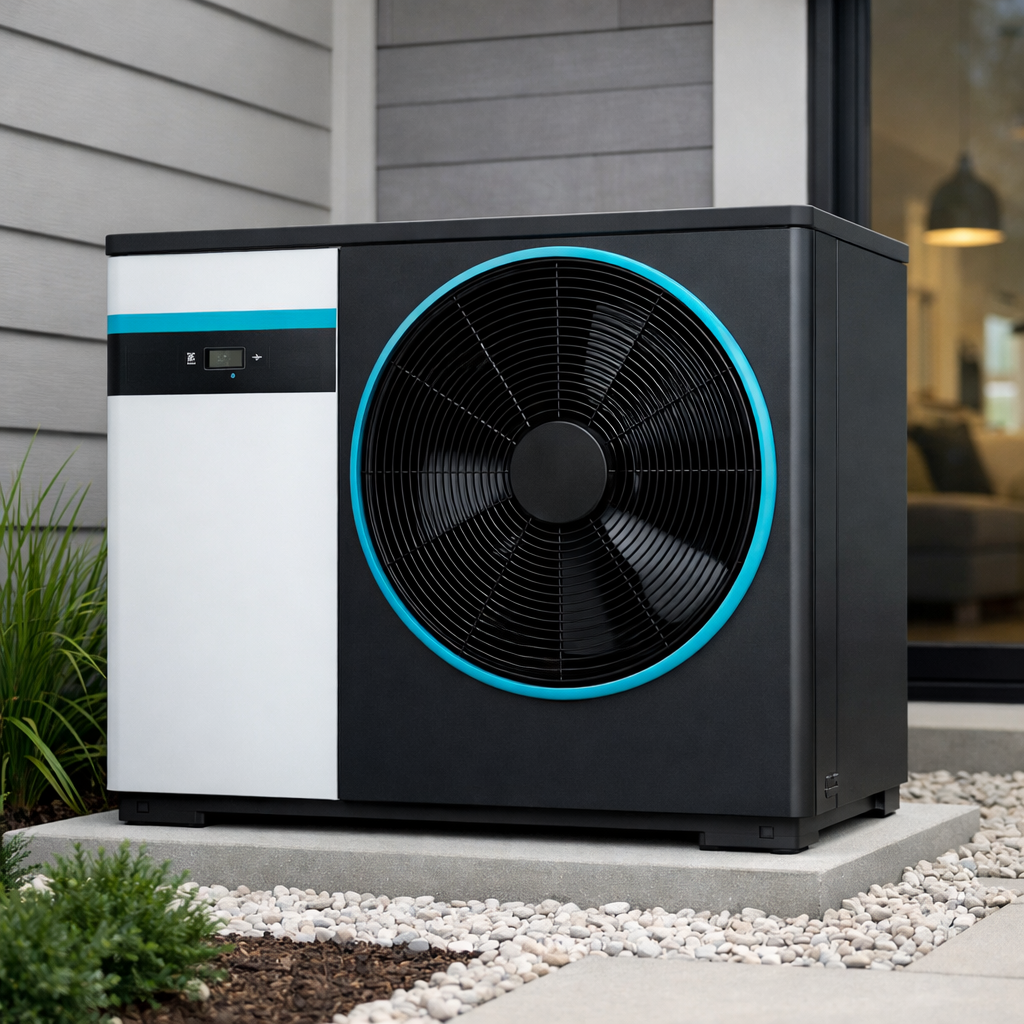 Modern outdoor cold-climate air-source heat pump unit installed beside a Peterborough home