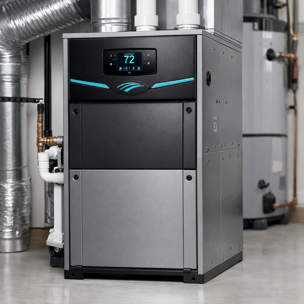 Modern high-efficiency furnace in a mechanical room