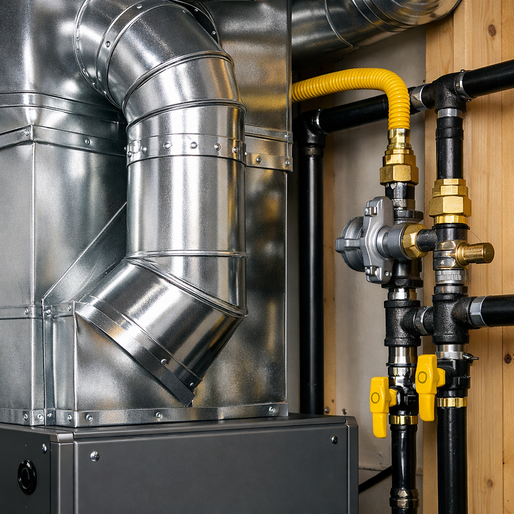 Custom sheet metal ductwork and yellow gas piping valves — professional HVAC fabrication by Extraordinair Care