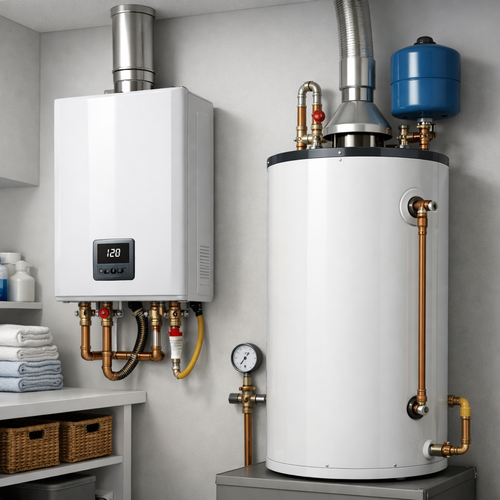 Tankless and tank water heater installation with copper piping in a utility room
